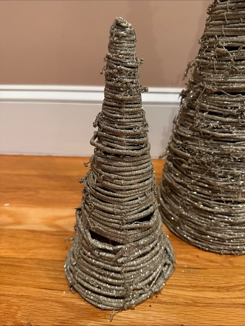 Set of 2 Sparkle Wicker Christmas Trees 21" & 12" Rustic Holiday Decor - Picture 2 of 9